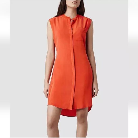 All Saints Luna Silk Crepe de Chine Midi Sleeveless Dress Red/Burnt Orange 6 - Picture 1 of 9